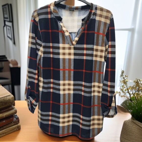 WinWin Button Sleeve Tunic Top Shirt Womens L-XL Blue Brown Plaid V-Neck Casual - Picture 1 of 9